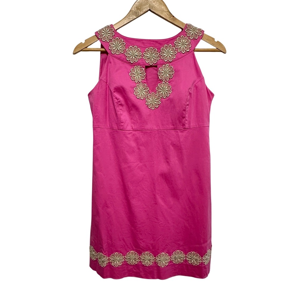Vintage Lilly Pulitzer Metallic Trim Shift Dress Womens 2 Pink‎ Preppy *Flaw
